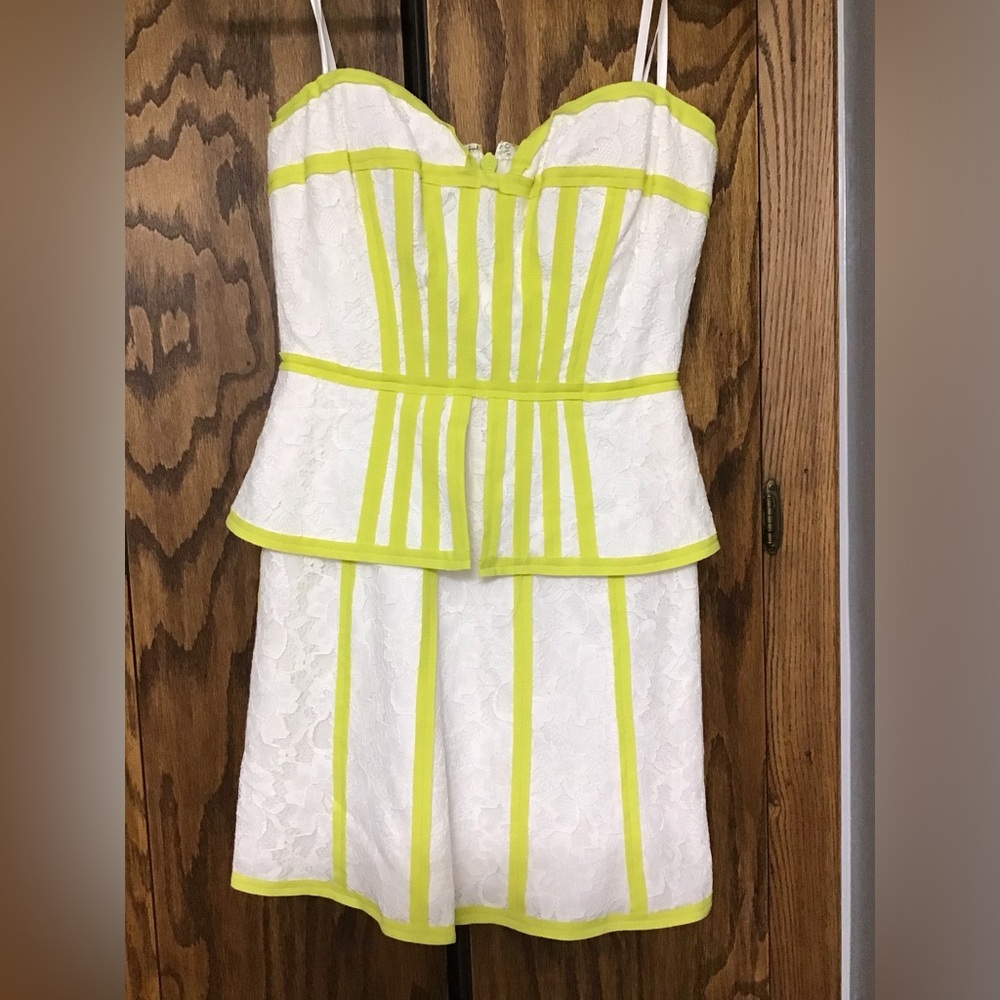 BCBG White and Yellow Lace Strapless Dress